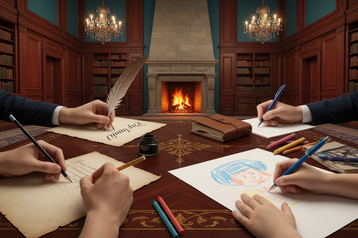 hands writing using various tools